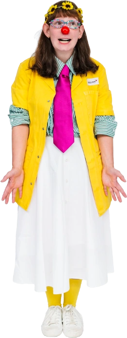 Hearts & Minds Clowndoctor Dr Sunflower gesturing to donation card